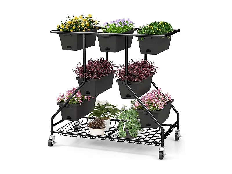 Letto da giardino verticale sollevato con 7 vasi, Portavasi verticale a 3 livelli con cestini portaoggetti fori Nero