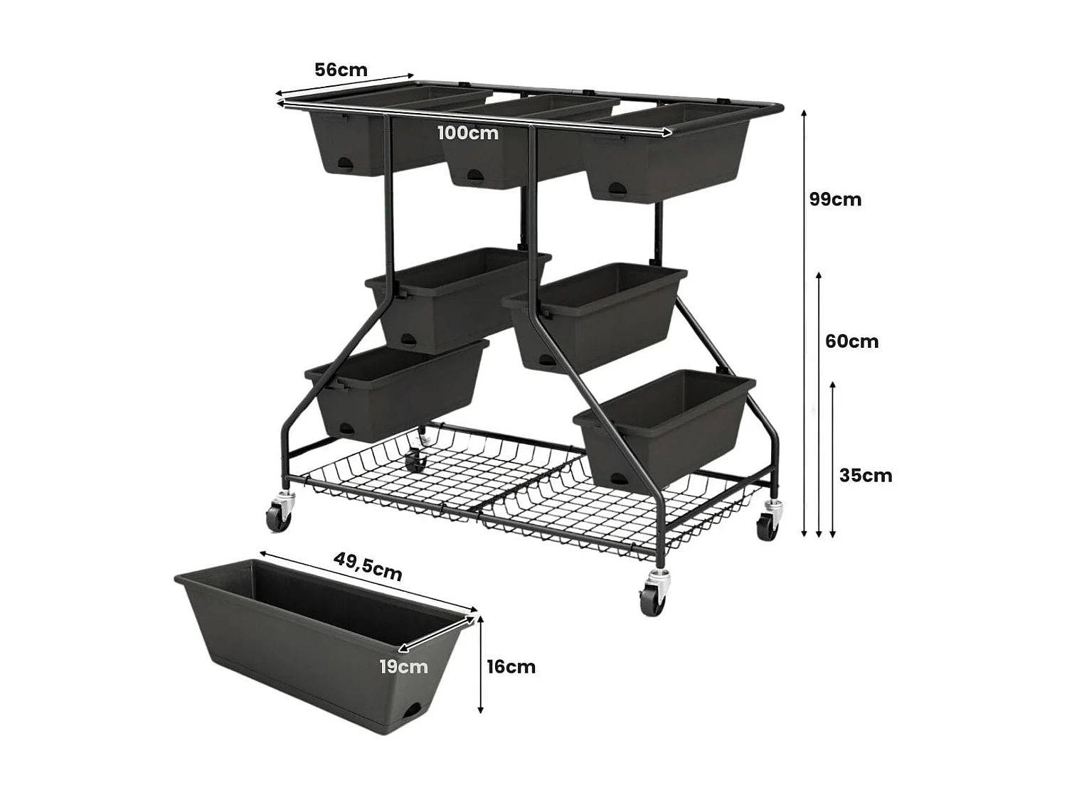 Blumenständer mit Blumenkästen Blumentreppe mit Rollen 100 x 56 x 99 cm Schwarz