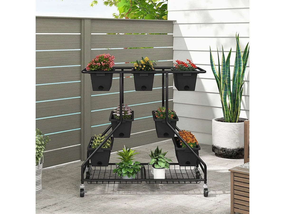 Blumenständer mit Blumenkästen Blumentreppe mit Rollen 100 x 56 x 99 cm Schwarz