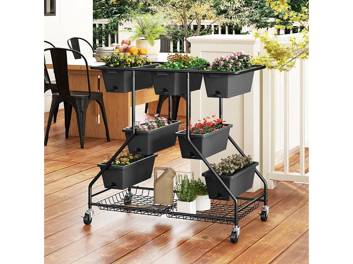 Blumenständer mit Blumenkästen Blumentreppe mit Rollen 100 x 56 x 99 cm Schwarz