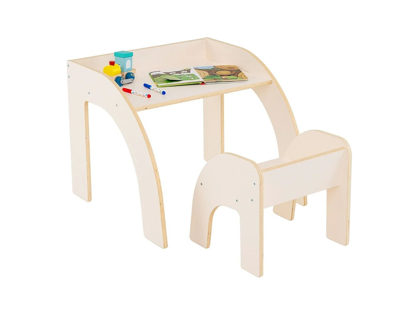 Holz Kindertisch mit Stuhl Kinder Maltisch mit Abgerundeten Kanten Kindersitzgruppe Weiß