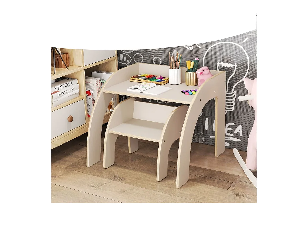 Holz Kindertisch mit Stuhl Kinder Maltisch mit Abgerundeten Kanten Kindersitzgruppe Weiß