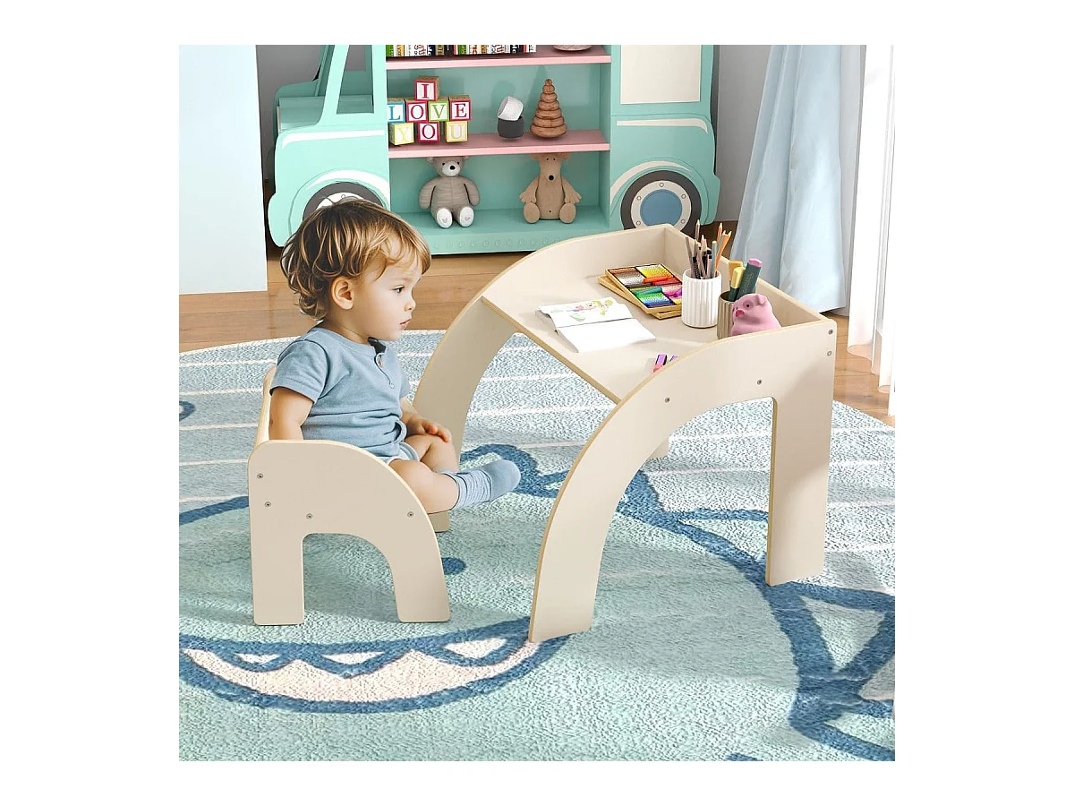 Holz Kindertisch mit Stuhl Kinder Maltisch mit Abgerundeten Kanten Kindersitzgruppe Weiß