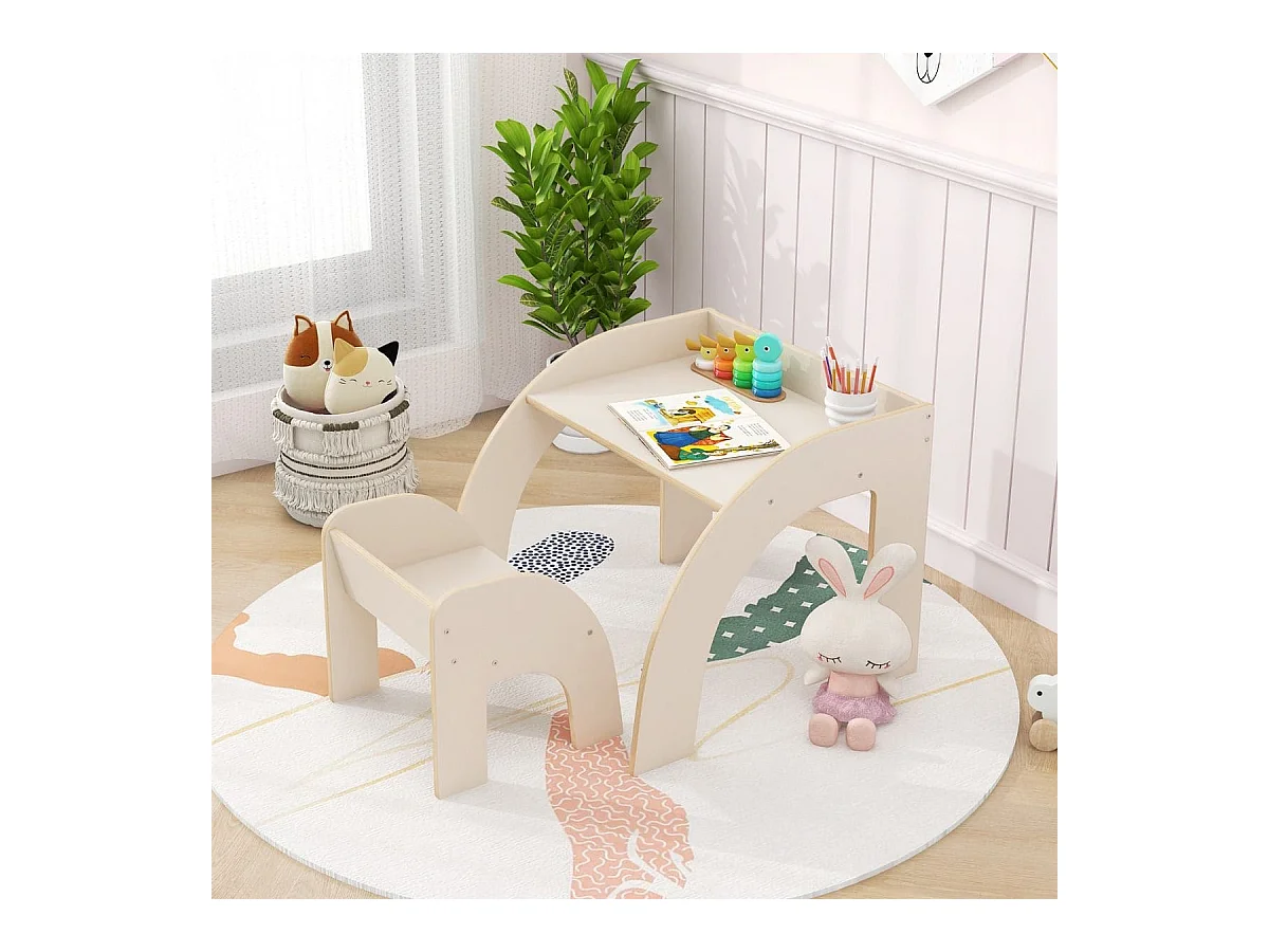 Holz Kindertisch mit Stuhl Kinder Maltisch mit Abgerundeten Kanten Kindersitzgruppe Weiß