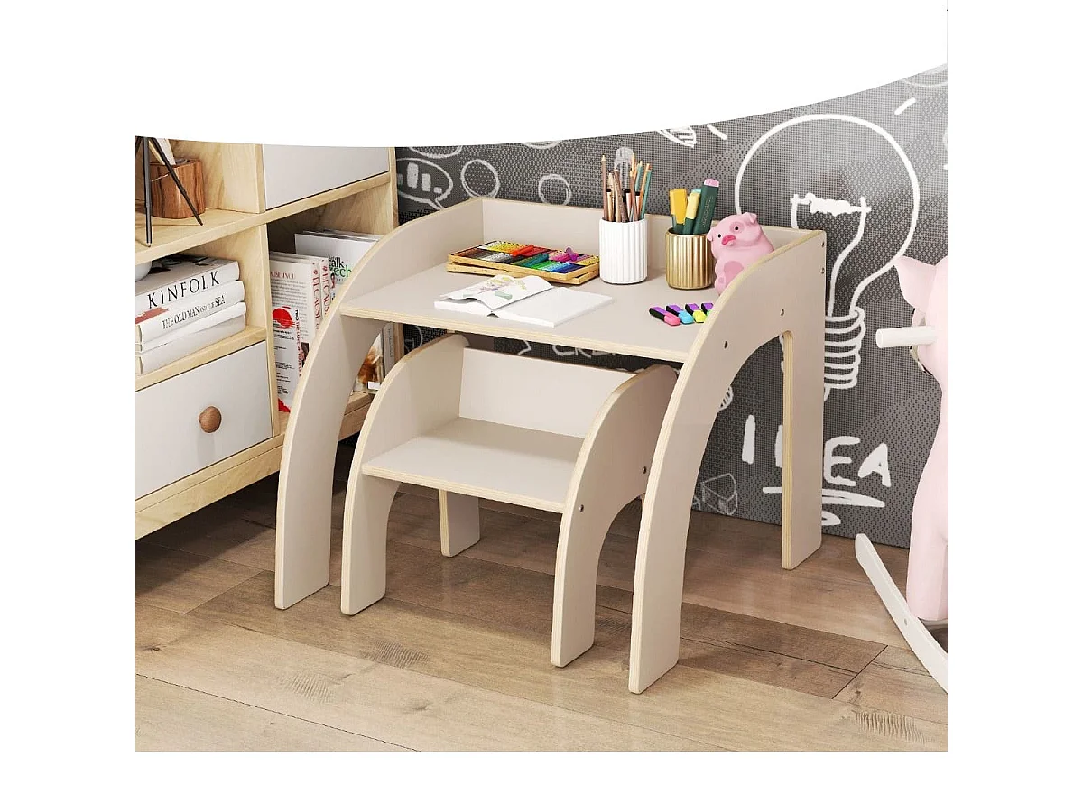 Holz Kindertisch mit Stuhl Kinder Maltisch mit Abgerundeten Kanten Kindersitzgruppe Weiß