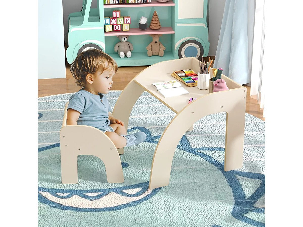 Holz Kindertisch mit Stuhl Kinder Maltisch mit Abgerundeten Kanten Kindersitzgruppe Weiß