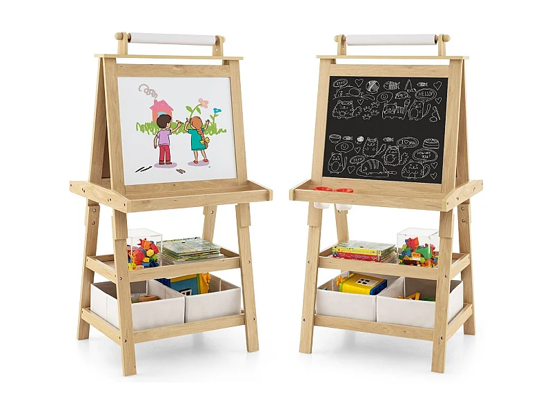 Cavalletto double face 3 in 1per bambini, Treppiede con lavagna bianca e nera e rotolo di carta Naturale