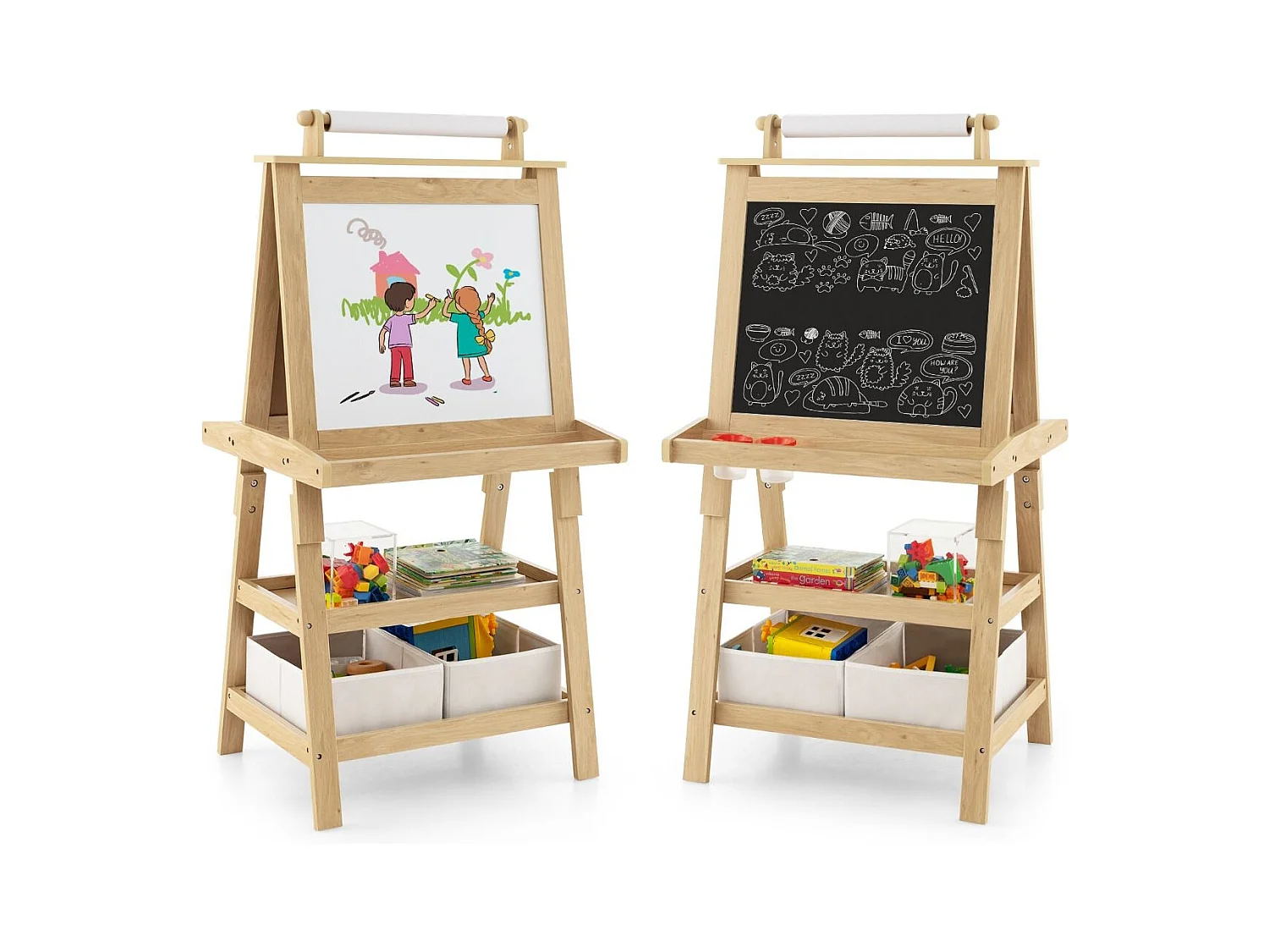 Cavalletto double face 3 in 1per bambini, Treppiede con lavagna bianca e nera e rotolo di carta Naturale