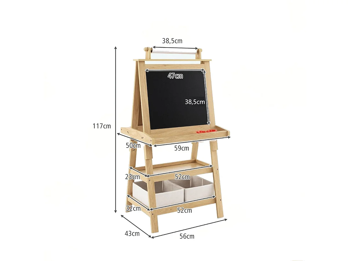 Chevalet pour Enfants 3 en 1 Tableau de Dessin Magnétique Double Faces (Tableau Blanc + Tableau Noir) Naturel