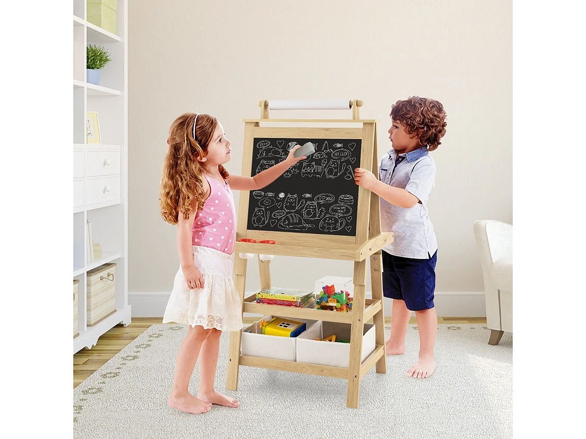 Chevalet pour Enfants 3 en 1 Tableau de Dessin Magnétique Double Faces (Tableau Blanc + Tableau Noir) Naturel
