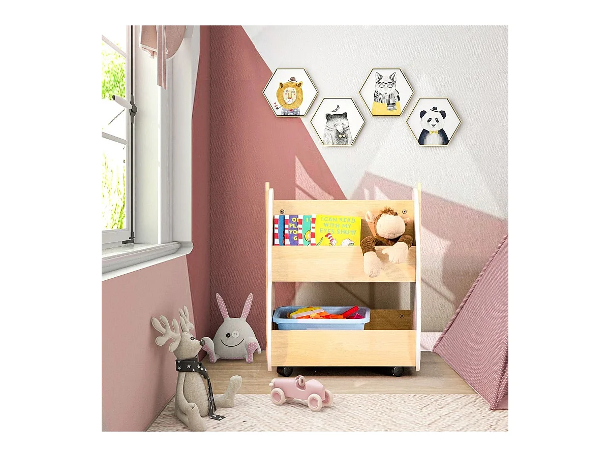 Étagère Rangement pour Enfants Bibliothèque en Bois 2 Niveaux avec Roues Universelles pour Livres Jouets Charge MAX. 49KG Blanc