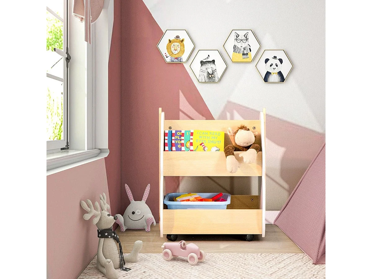 Libreria in legno per bambini con organizzatore di libri, Scaffale di stoccaggio a 2 livelli 52x46x62,5cm Bianco