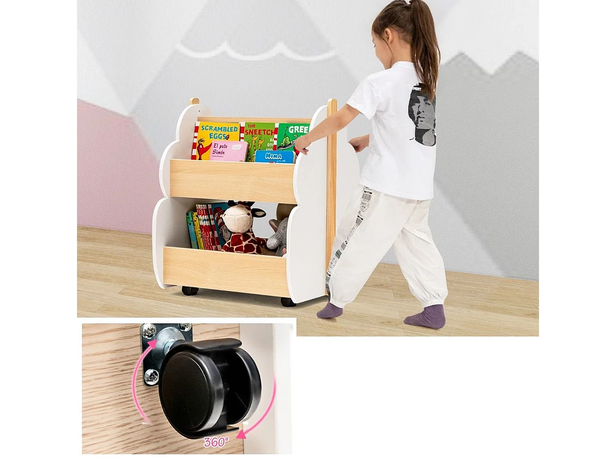 Libreria in legno per bambini con organizzatore di libri, Scaffale di stoccaggio a 2 livelli 52x46x62,5cm Bianco