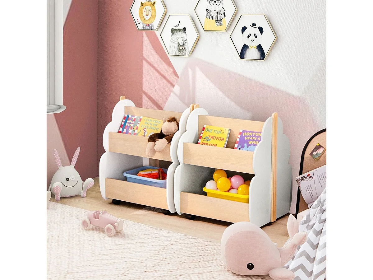 Libreria in legno per bambini con organizzatore di libri, Scaffale di stoccaggio a 2 livelli 52x46x62,5cm Bianco