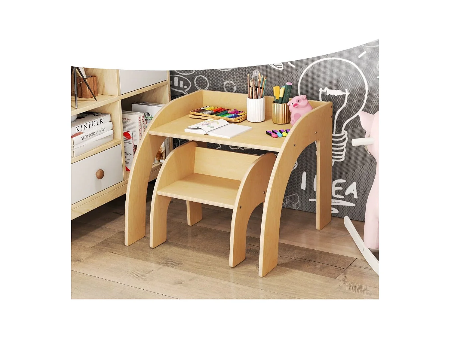 Ensemble Table et Chaise pour Enfants Mignon Ensemble Table et Chaise d'Activité avec Grand Plateau Bords Arrondis Naturel