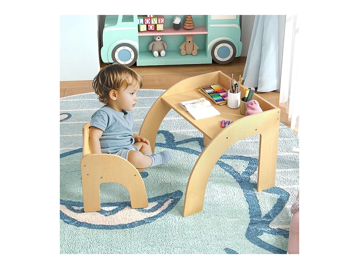 Ensemble Table et Chaise pour Enfants Mignon Ensemble Table et Chaise d'Activité avec Grand Plateau Bords Arrondis Naturel