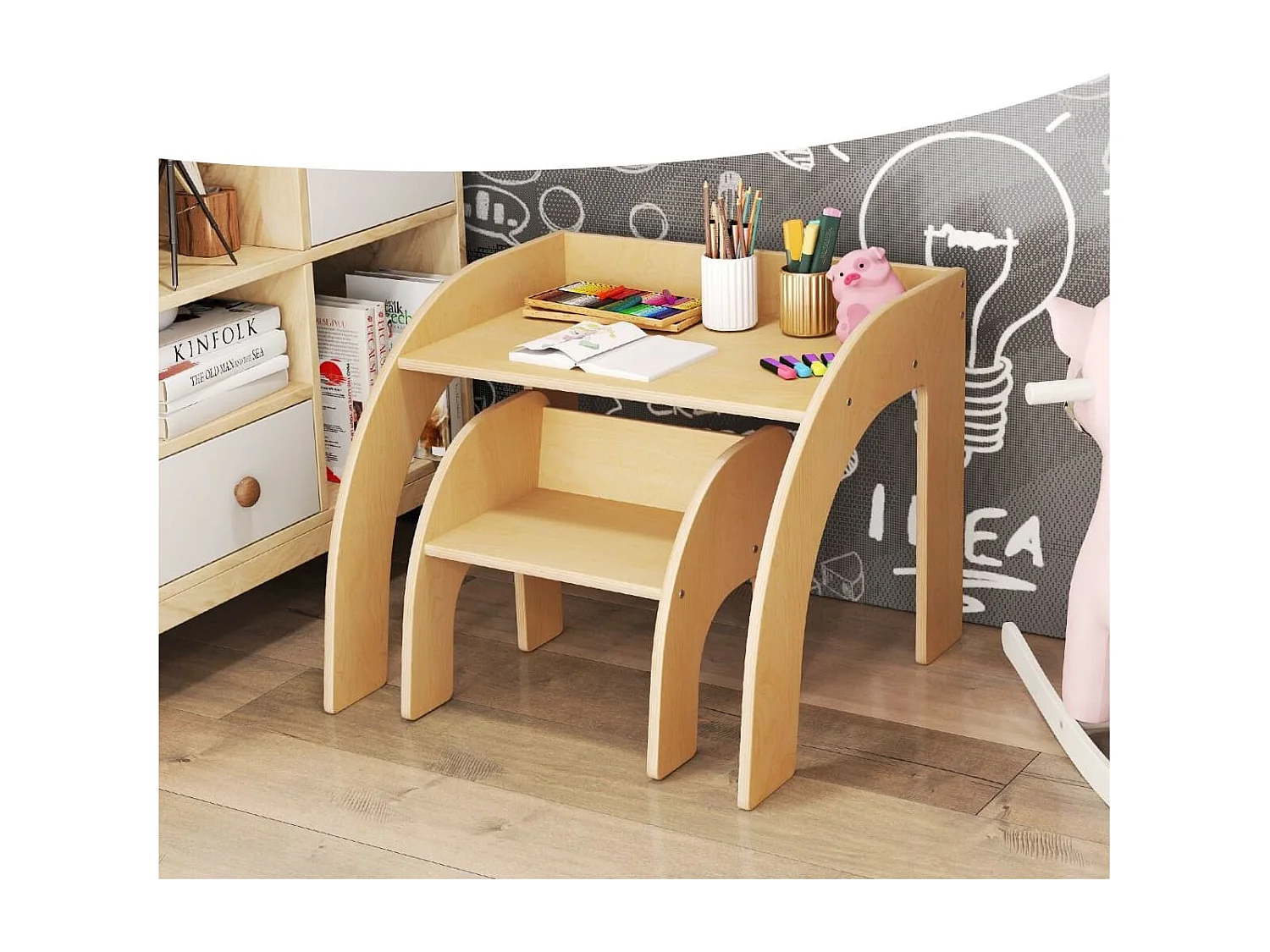 Holz Kindertisch mit Stuhl Kinder Maltisch mit Abgerundeten Kanten Kindersitzgruppe Natur