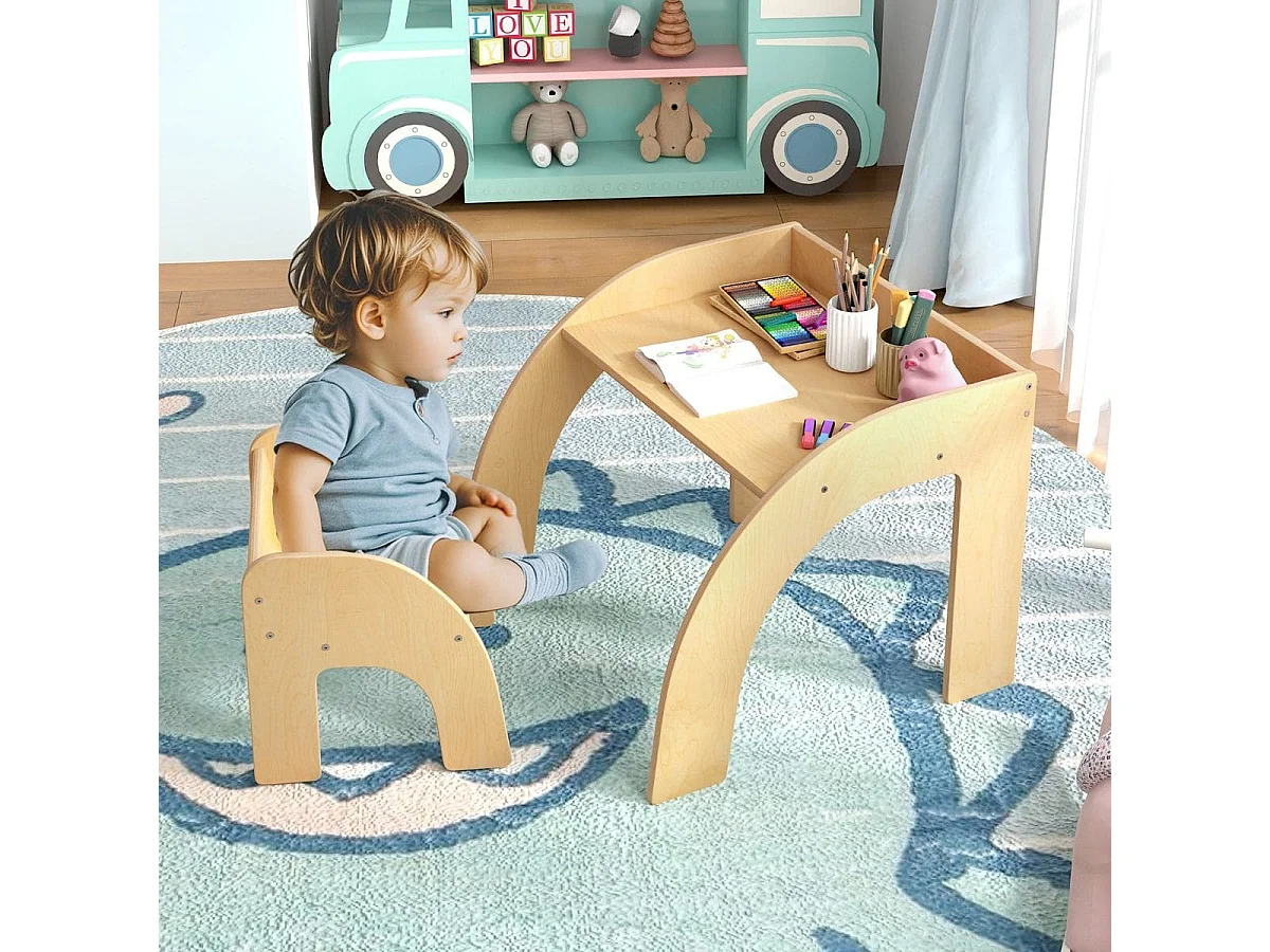 Holz Kindertisch mit Stuhl Kinder Maltisch mit Abgerundeten Kanten Kindersitzgruppe Natur