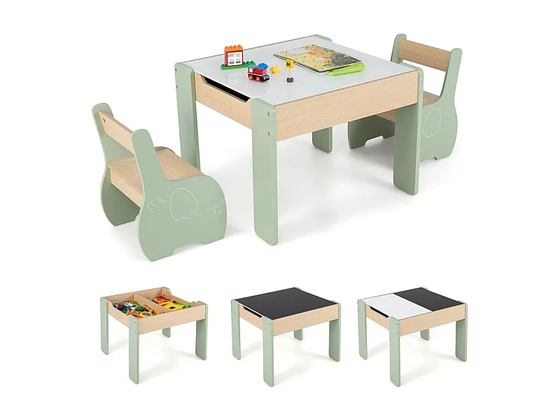 Set di tavolo e sedie per bambini con deposito lavagna rimovibile, Set di mobili 3 PCS per ragazzi e ragazze Verde
