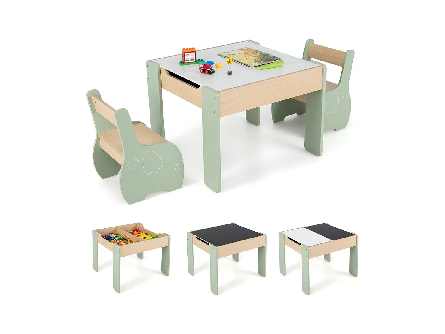 Ensemble Table et 2 Chaises 3 en 1 pour Enfant, Tableau 2 Face (Noir & Blanc ) avec Fonction de Stockage en Bois Vert