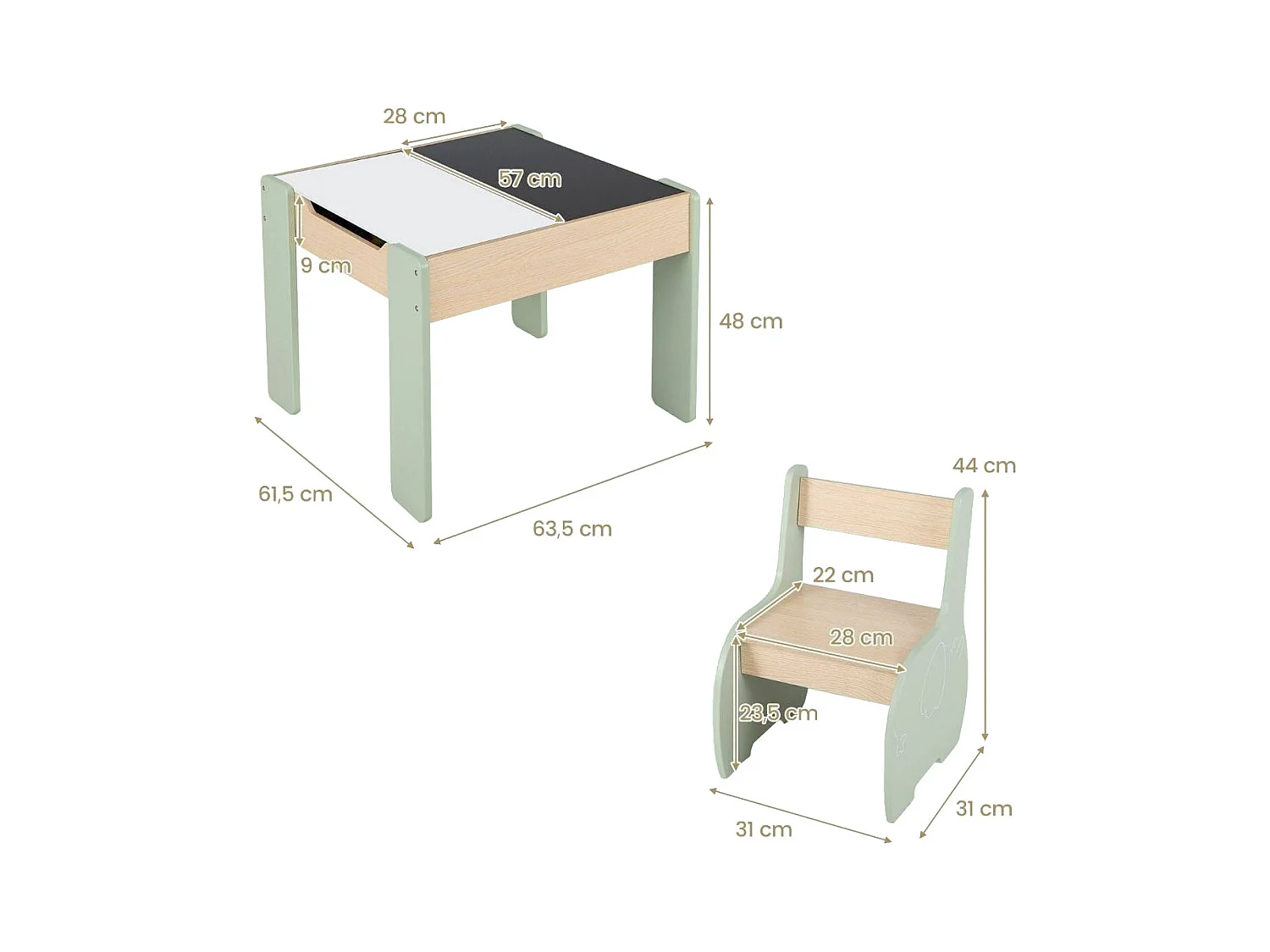 Ensemble Table et 2 Chaises 3 en 1 pour Enfant, Tableau 2 Face (Noir & Blanc ) avec Fonction de Stockage en Bois Vert