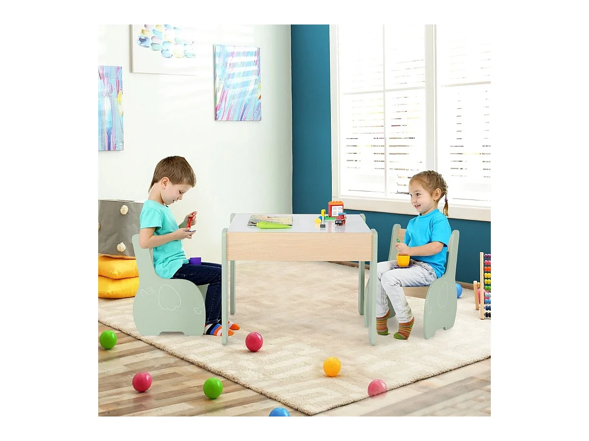 Ensemble Table et 2 Chaises 3 en 1 pour Enfant, Tableau 2 Face (Noir & Blanc ) avec Fonction de Stockage en Bois Vert