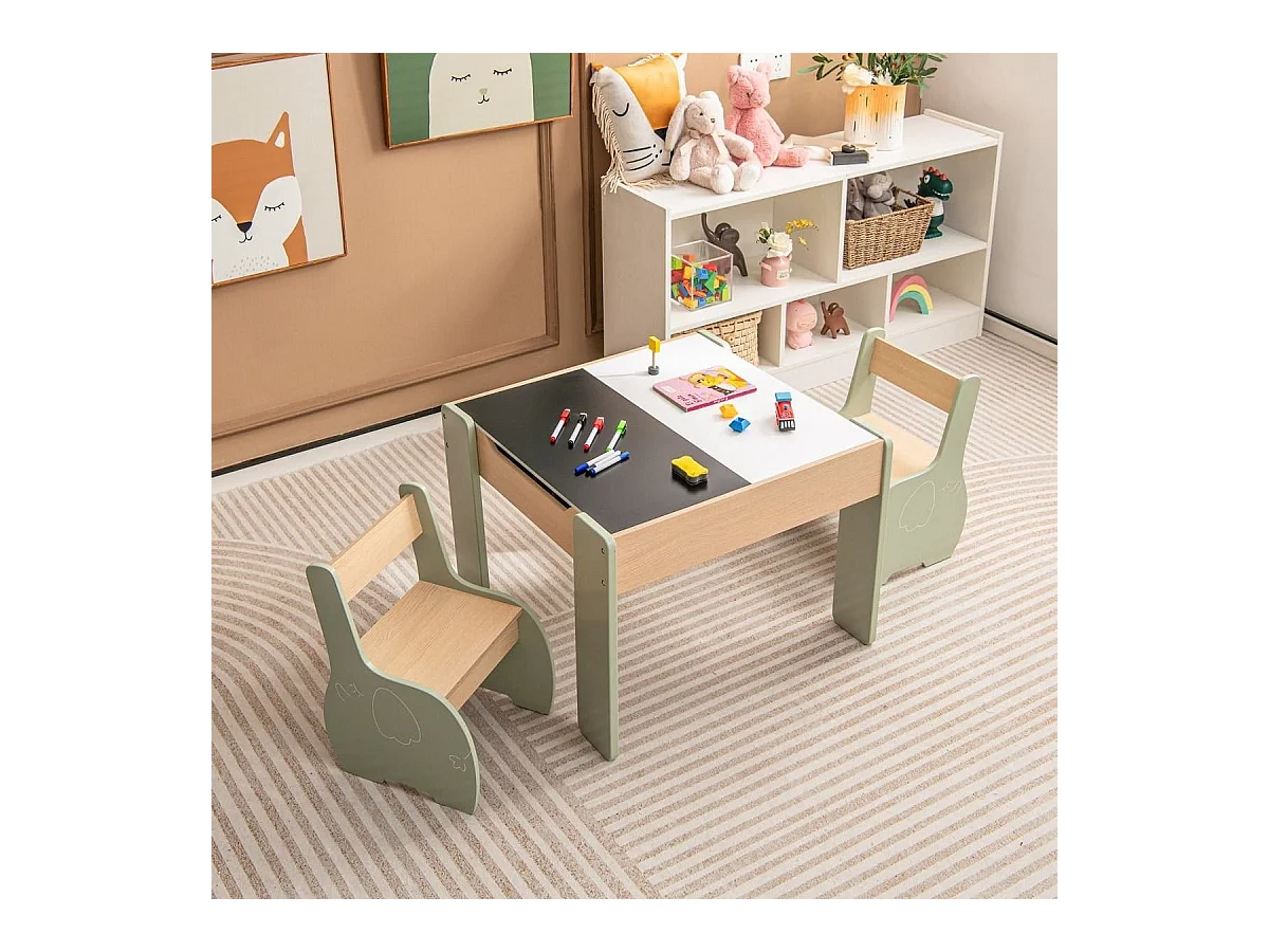 Ensemble Table et 2 Chaises 3 en 1 pour Enfant, Tableau 2 Face (Noir & Blanc ) avec Fonction de Stockage en Bois Vert