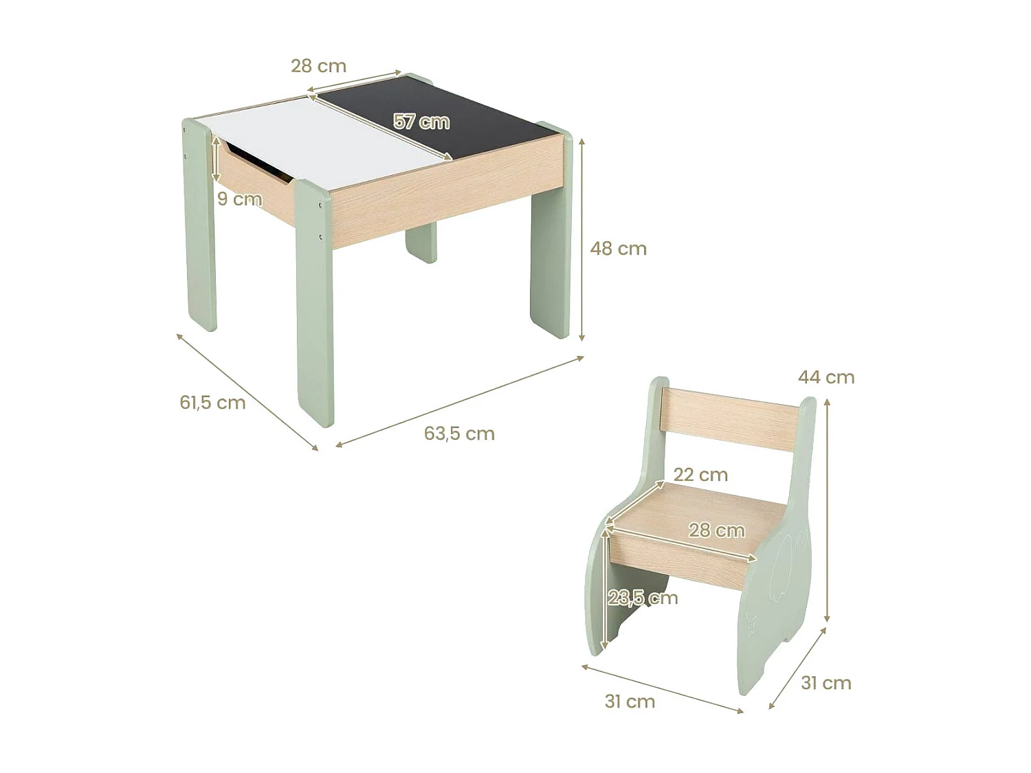 4 in 1 3tlg. Kindersitzgruppe aus Holz mit Abnehmbarer Tafel & Stauraum Grün
