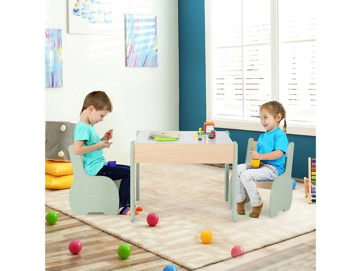 4 in 1 3tlg. Kindersitzgruppe aus Holz mit Abnehmbarer Tafel & Stauraum Grün