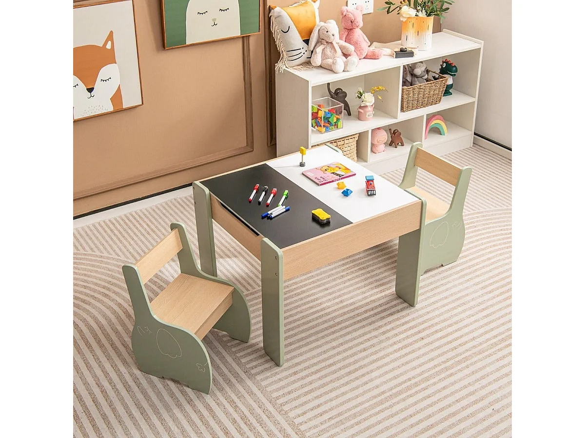 4 in 1 3tlg. Kindersitzgruppe aus Holz mit Abnehmbarer Tafel & Stauraum Grün