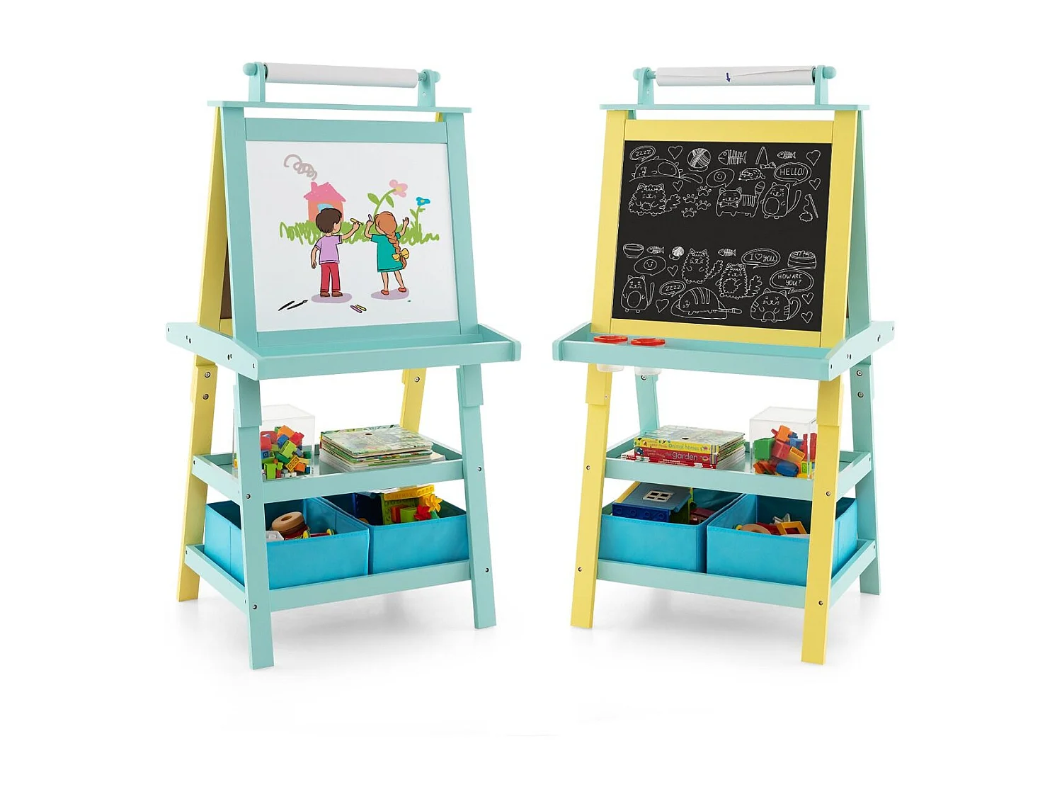 3 in 1 Kinder Staffelei Doppelseitig Whiteboard & Kreidetafel & Zeichenpapier Gelb + Blau