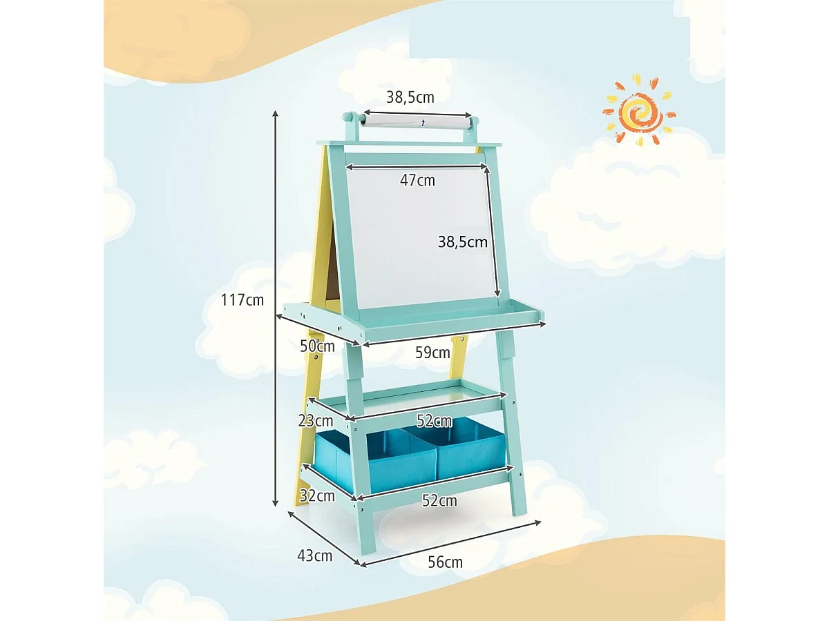 3 in 1 Kinder Staffelei Doppelseitig Whiteboard & Kreidetafel & Zeichenpapier Gelb + Blau