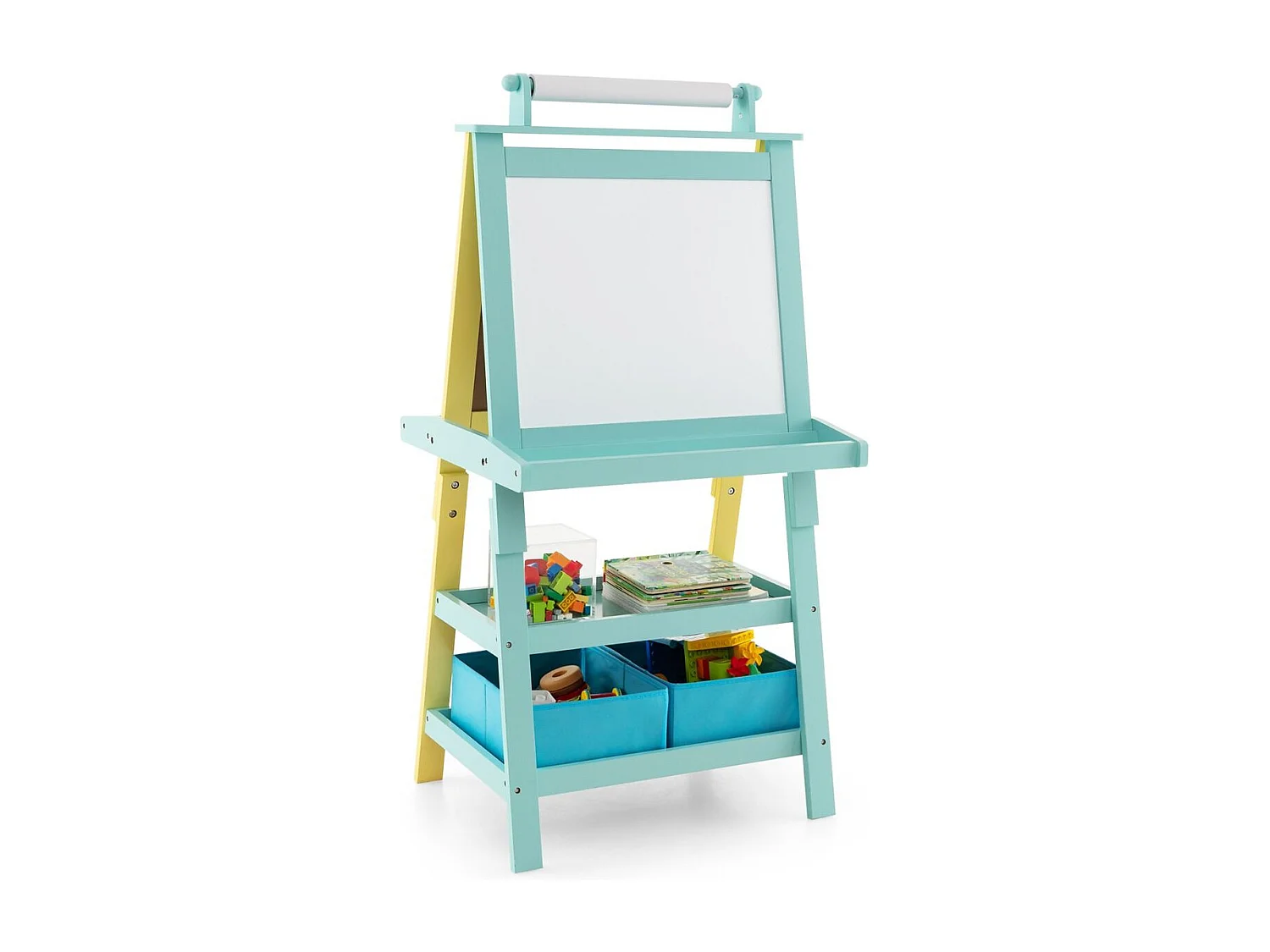 3 in 1 Kinder Staffelei Doppelseitig Whiteboard & Kreidetafel & Zeichenpapier Gelb + Blau