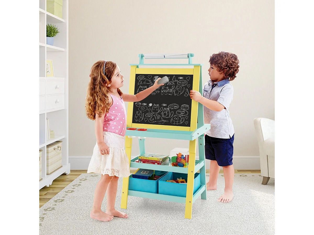 3 in 1 Kinder Staffelei Doppelseitig Whiteboard & Kreidetafel & Zeichenpapier Gelb + Blau
