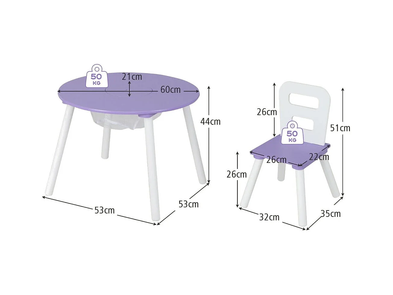 Ensemble Table avec 2 Chaises et Espace de Rangement pour Jouets 3-7 ans Violet