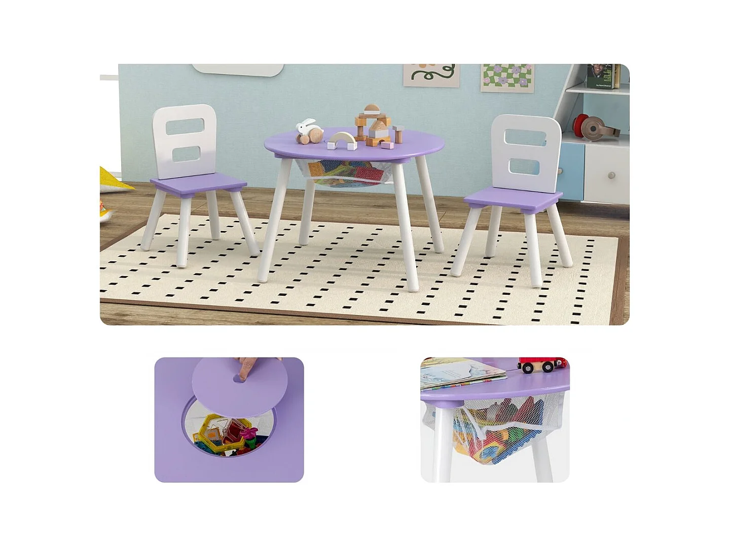 Ensemble Table avec 2 Chaises et Espace de Rangement pour Jouets 3-7 ans Violet
