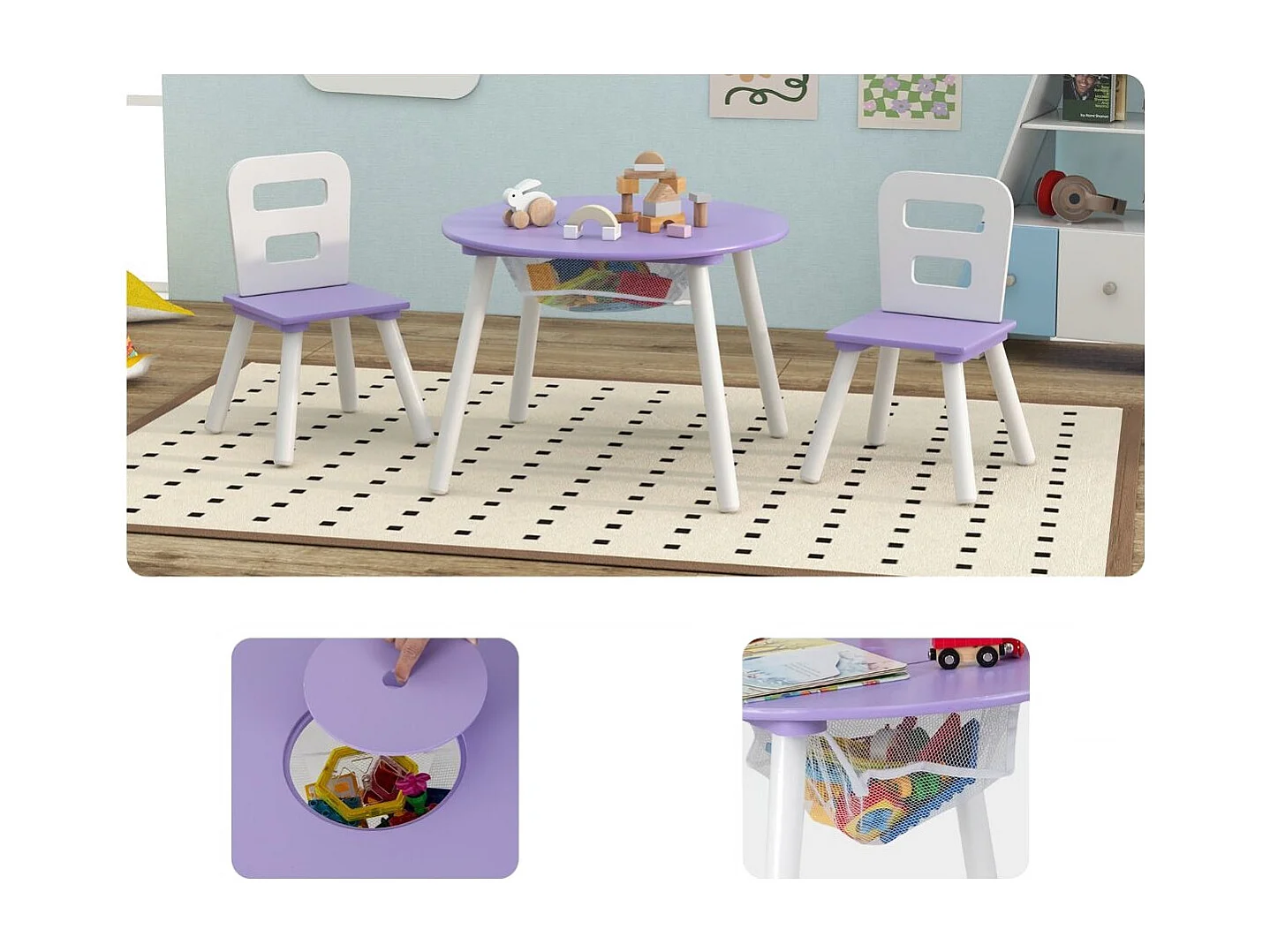 Kindertisch mit 2 Stühlen 3 TLG. Kindersitzgruppe aus Holz Kindersitzgarnitur mit Abnehmbarer Tischdeckel Lila