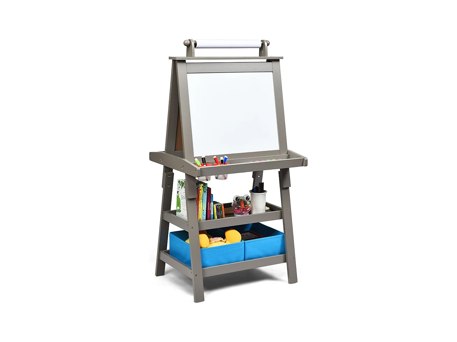 Chevalet pour Enfants 3 en 1 Tableau de Dessin Magnétique Double Faces (Tableau Blanc + Tableau Noir) Gris