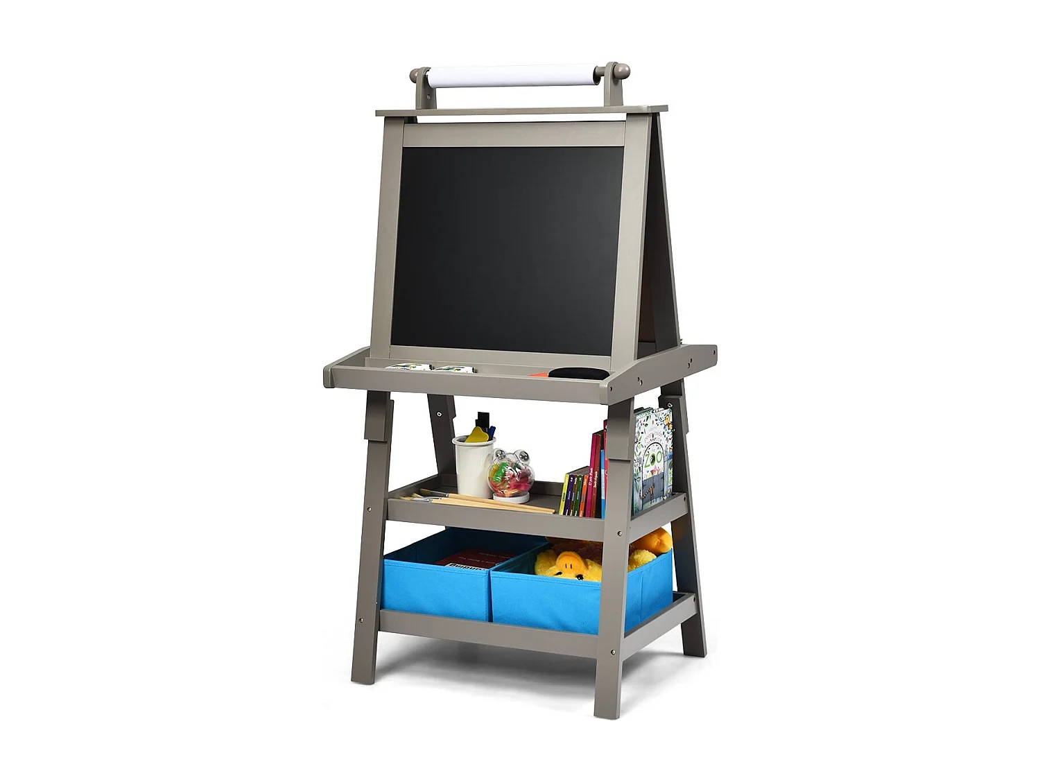 3 in 1 Kinder Staffelei Kindertafel doppelseitig Whiteboard & Kreidetafel & Zeichenpapier für Kleinkinder Grau