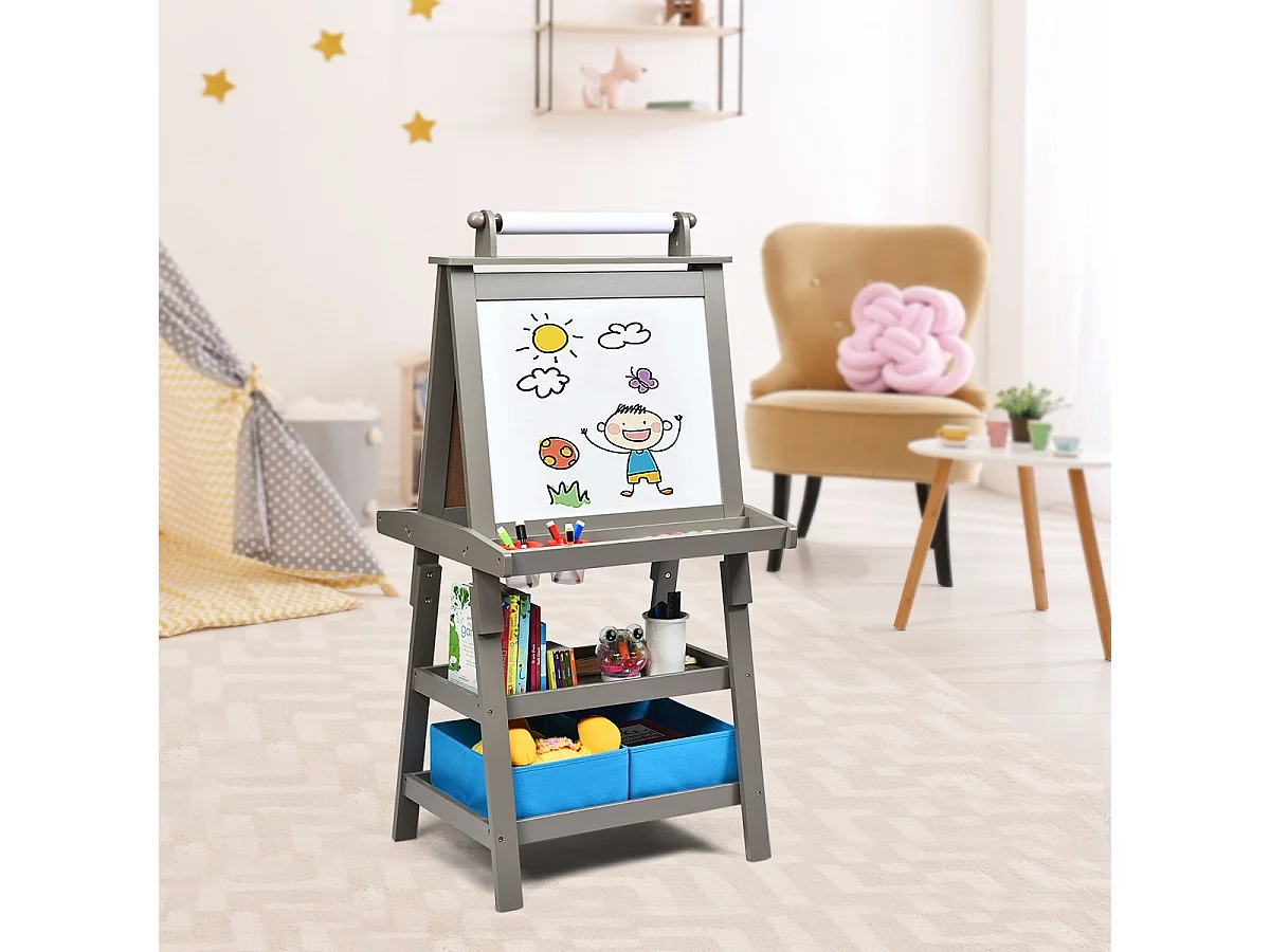 3 in 1 Kinder Staffelei Kindertafel doppelseitig Whiteboard & Kreidetafel & Zeichenpapier für Kleinkinder Grau