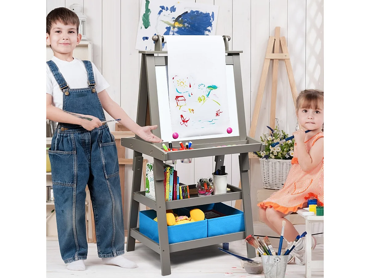 3 in 1 Kinder Staffelei Kindertafel doppelseitig Whiteboard & Kreidetafel & Zeichenpapier für Kleinkinder Grau