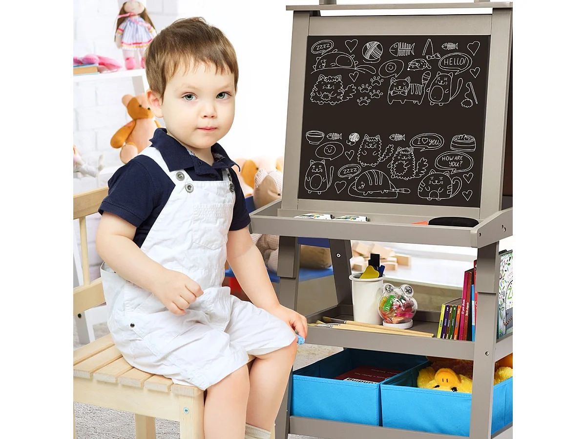 3 in 1 Kinder Staffelei Kindertafel doppelseitig Whiteboard & Kreidetafel & Zeichenpapier für Kleinkinder Grau