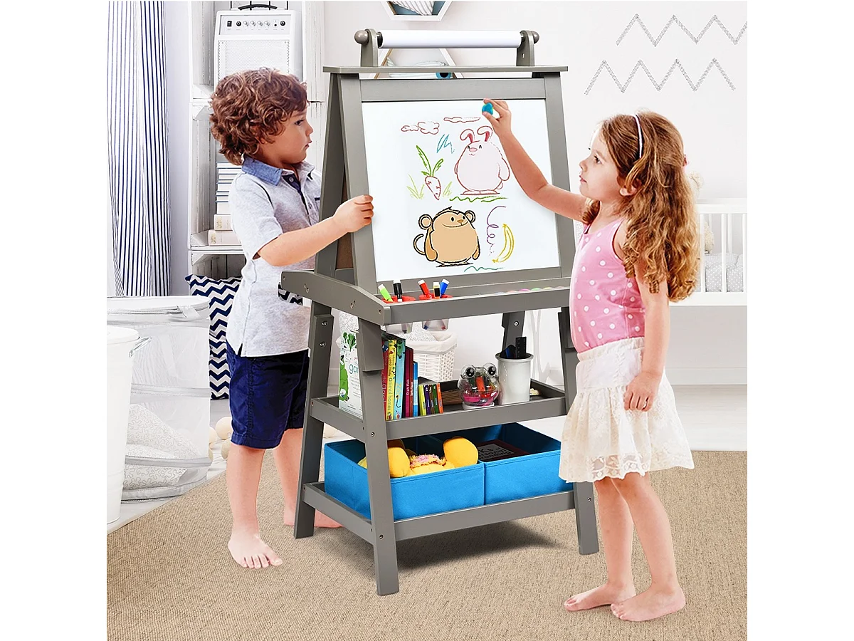 3 in 1 Kinder Staffelei Kindertafel doppelseitig Whiteboard & Kreidetafel & Zeichenpapier für Kleinkinder Grau