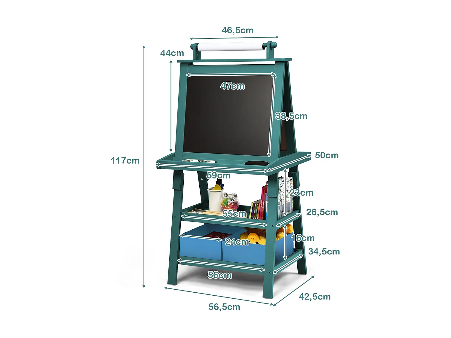 Cavalletto double face 3 in 1 per bambini, Treppiede con lavagna bianca e nera e rotolo di carta, Blu