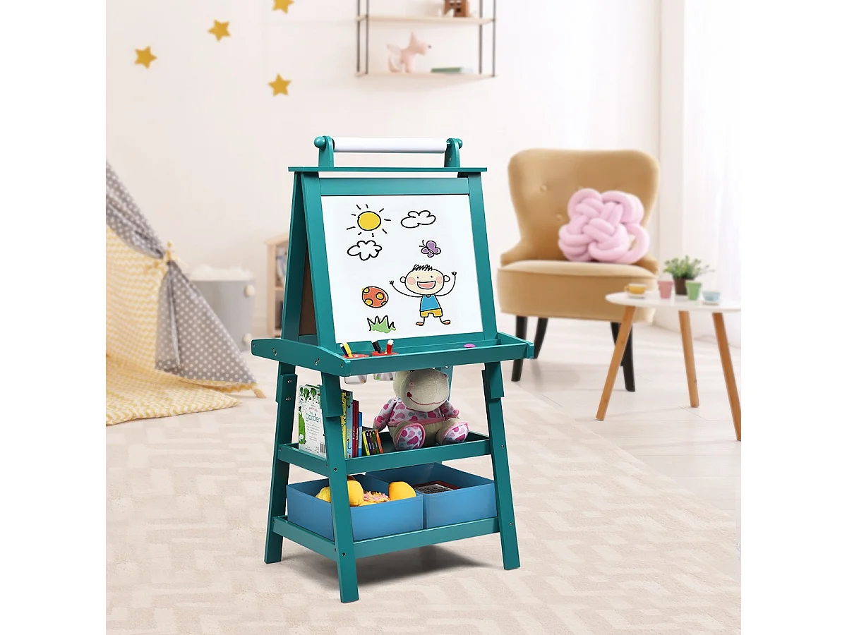 Cavalletto double face 3 in 1 per bambini, Treppiede con lavagna bianca e nera e rotolo di carta, Blu
