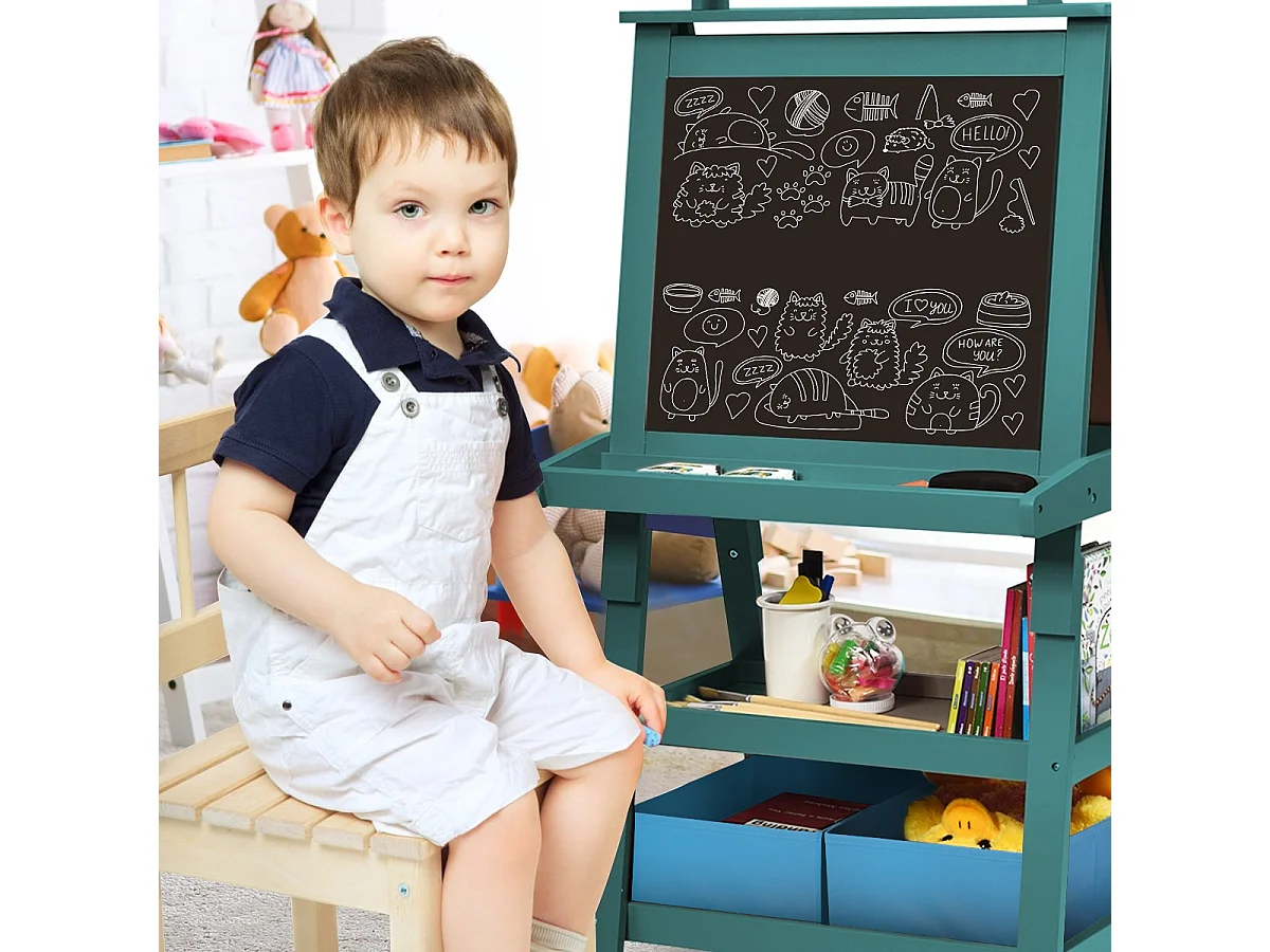 Cavalletto double face 3 in 1 per bambini, Treppiede con lavagna bianca e nera e rotolo di carta, Blu