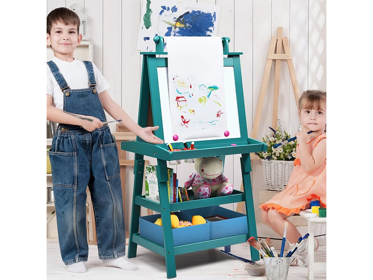 Cavalletto double face 3 in 1 per bambini, Treppiede con lavagna bianca e nera e rotolo di carta, Blu