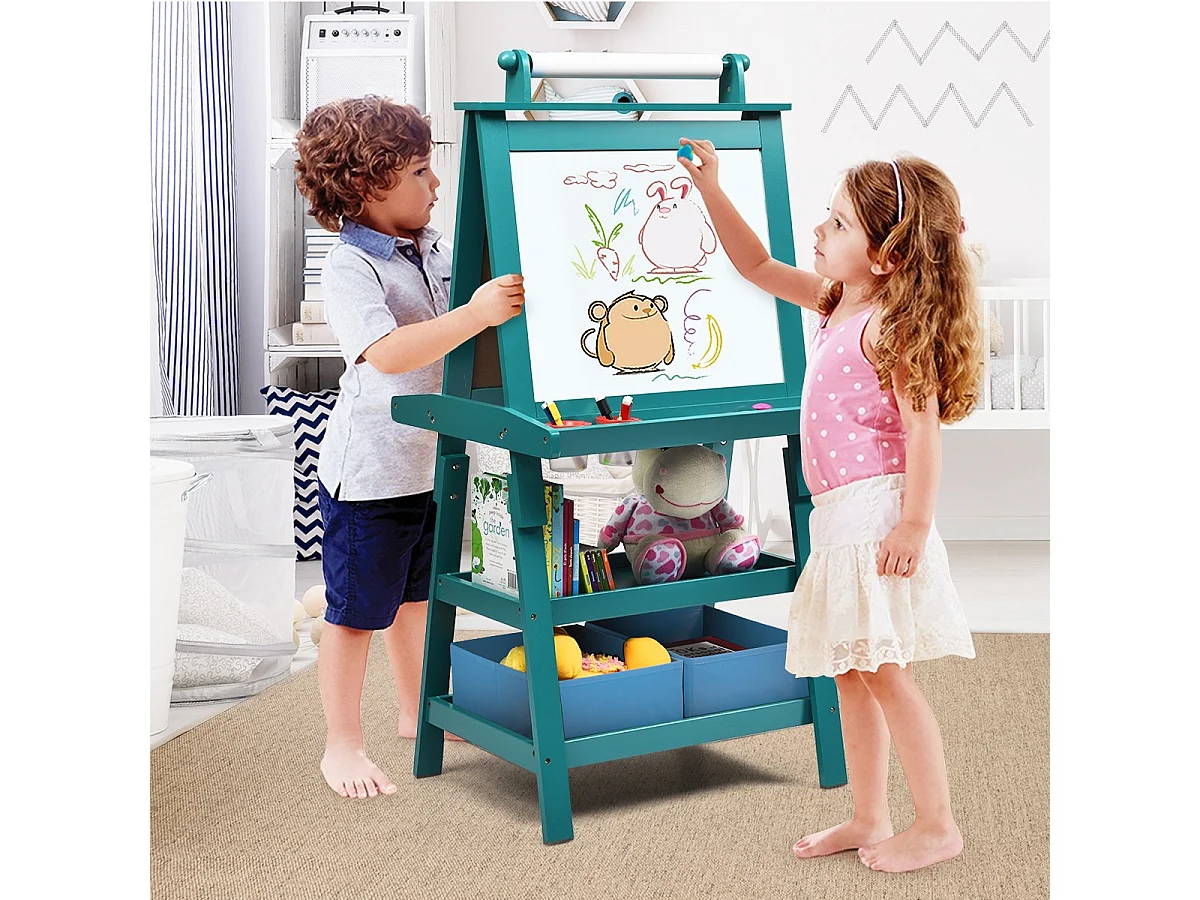 Cavalletto double face 3 in 1 per bambini, Treppiede con lavagna bianca e nera e rotolo di carta, Blu