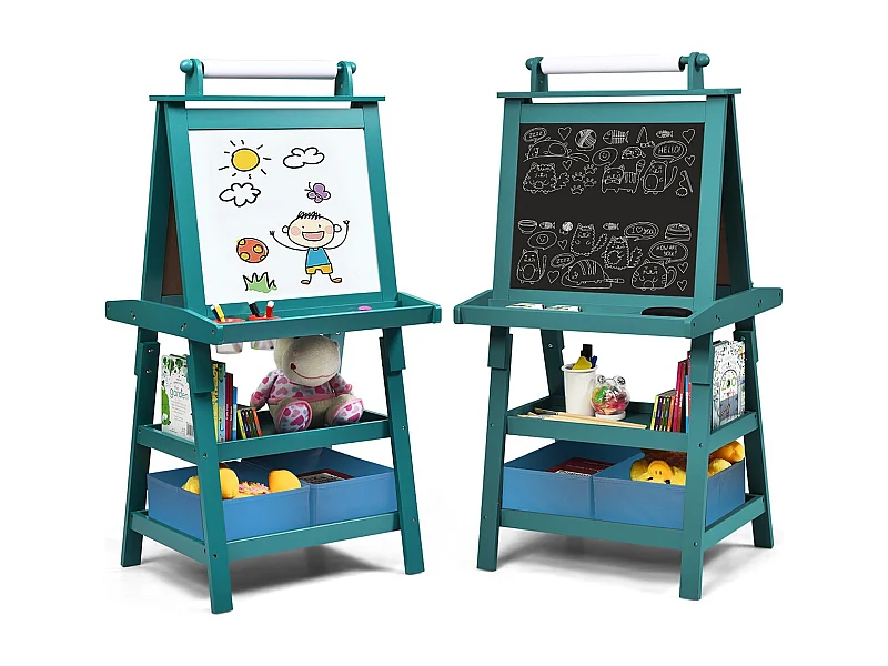 Cavalletto double face 3 in 1 per bambini, Treppiede con lavagna bianca e nera e rotolo di carta, Blu