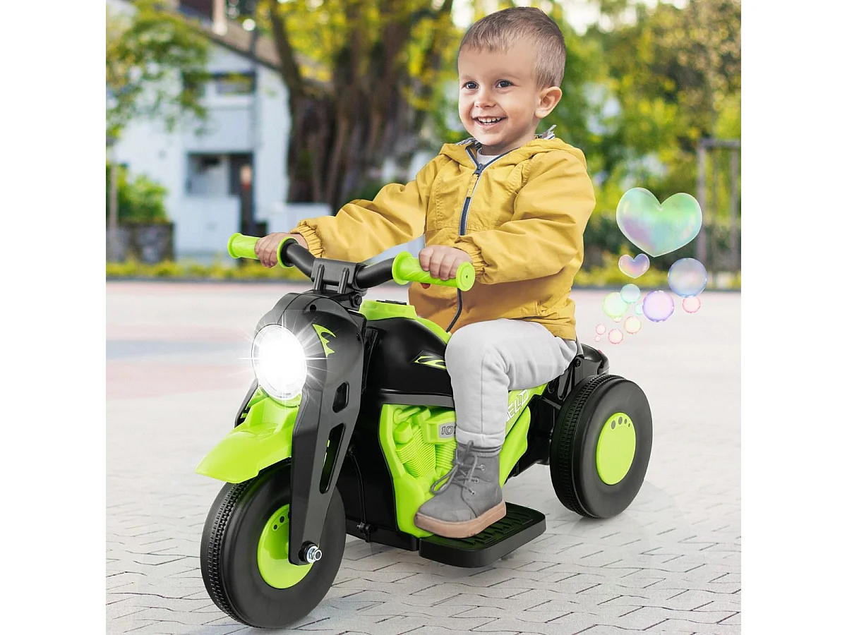 Moto Électrique 6V pour Enfants avec 3 Roues Scooter avec Créateur de Bulles Klaxon Musique et Lumières 3 Ans + Vert